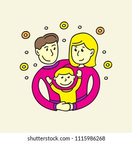 Illustration drawn by hand, parents with baby on hands