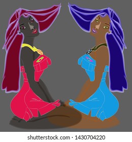 The illustration is drawn by hand in the vector two black girls.Vector graphics.