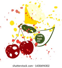 The illustration is drawn by hand in vector.Cherry and lemon with explosive juice spray for packaging products, cosmetics,print for your business.Vector graphics.