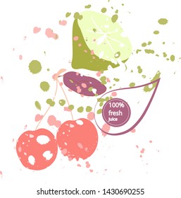 The illustration is drawn by hand in vector.Fruit cherry ,lemon with juice spray for packaging products, cosmetics,print for your business.Vector graphics.