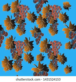 The illustration is drawn by hand in vector.Vector graphics.Green leaves, bunches of grapes,beautiful design.Pattern. Vector illustration