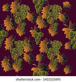 The illustration is drawn by hand in vector.Vector graphics.Green leaves, bunches of grapes,beautiful design.Pattern. Vector illustration
