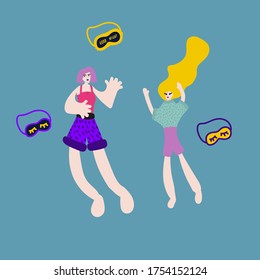 An illustration drawn by hand of a woman in pajamas. Girls at a pajama party in a circle of abstract symbols. Flyer, poster, pajamas, sleep band