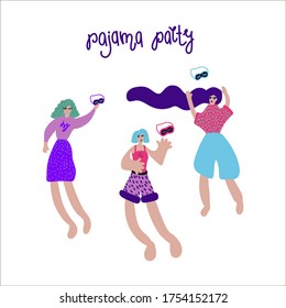 Ilustración hecha a mano por una mujer en pijamas. Niñas en una fiesta de pijama en un círculo de símbolos abstractos. Volante, afiche, pijamas, banda de sueño