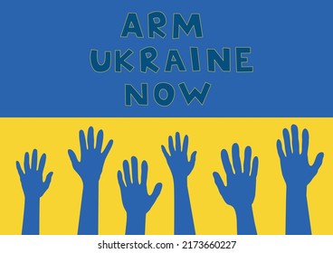 illustration of drawn hands near arm ukraine now lettering with flag on background