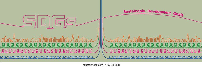 Illustration drawn with lines and yellow gray background. It depicts fish, people, flowers, and cities. An illustration imagining SDGs. Created with vector data.