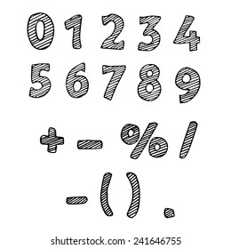 Illustration of the drawn numbers. Black-and-white numbers 1, 2, 3, 4, 5, 6, 7, 8, 9, 0. Vector