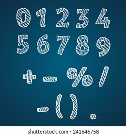Illustration of the drawn numbers. White numbers on a blue background: 1, 2, 3, 4, 5, 6, 7, 8, 9, 0. Vector