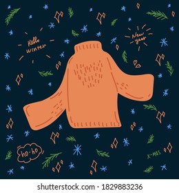 Illustration drawn in vector for the new year 2021 with a sweater. Picture with a jacket symbol of winter time, in a circle of green Christmas trees and new year's inscriptions. Painted warm clothes