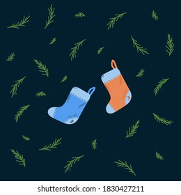An illustration drawn in a vector for the new year 2021. Picture with Christmas socks symbol of winter time, in a circle of green Christmas trees. Painted warm clothes for sweets and Christmas tree in