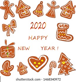 Illustration drawn in vector. Set of Doodle Christmas gingerbread cookies.Ginger cookies: 2020, gingerman, bell, Christmas tree,heart,magic house, magic staff.All for a merry Christmas.