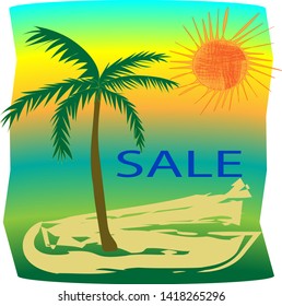 Illustration drawn in vector.Sea,sky, island,palm beautiful sunset - Vector graphics