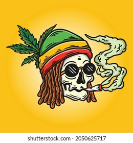 illustration of dreadlocks rasta skull smoking and wearing a rasta hat on yellow background