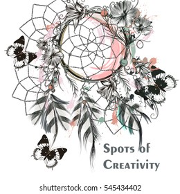 Illustration with dream catcher and butterflies. Symbol of creativity