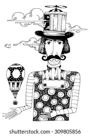 illustration the dream maker man with old hat retro moustache beard fantasy character