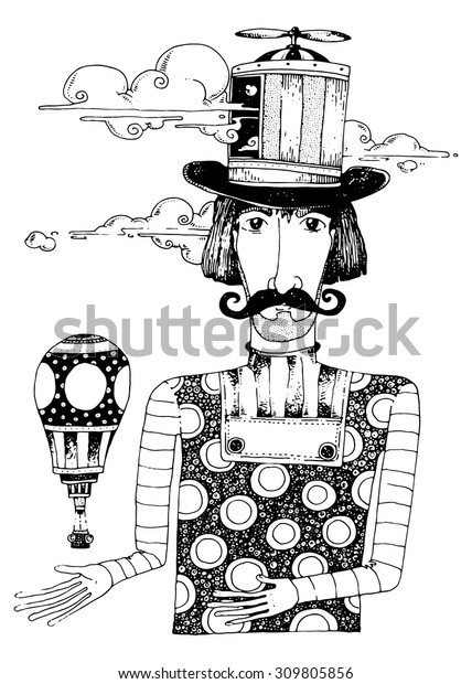 古い帽子のレトロな口ひげのファンタジーキャラクターを持つ夢の制作者の男性のイラスト のベクター画像素材 ロイヤリティフリー