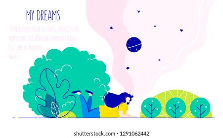 Illustration with dreaming girl in the park. Romantic card in trendy flat linear style. Vector banner.