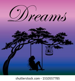 Illustration dreams romance tree girl swing branch love bird cage
