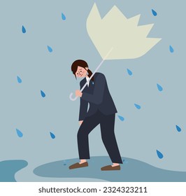 The illustration of a drenched businesswoman being hit by heavy rain.