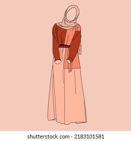 Illustration of dress for muslimah (Muslim woman) with combination of coral tone colour