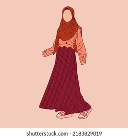 Illustration of dress for muslimah (Muslim woman) with combination of coral tone colour