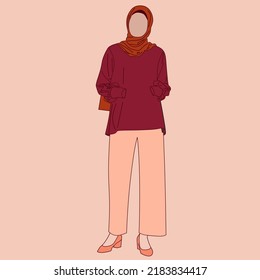 Illustration of dress for muslimah (Muslim woman) with combination of coral tone colour