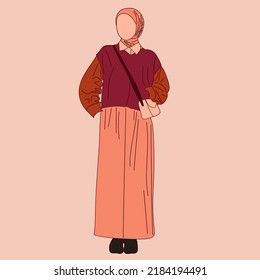 Illustration of dress for muslimah (Muslim woman) with combination of coral tone colour