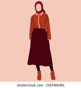 Illustration of dress for muslimah (Muslim woman) with combination of coral tone colour