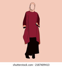 Illustration of dress for muslimah (Muslim woman) with combination of coral tone colour