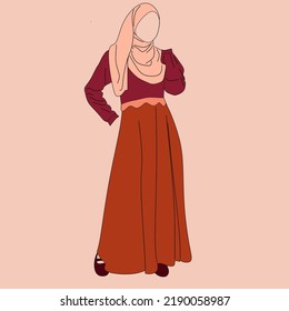 Illustration of dress for muslimah (Muslim woman) with combination of coral tone colour