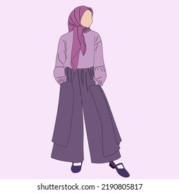 Illustration of dress for muslimah (Muslim woman) with combination of violet tone colour