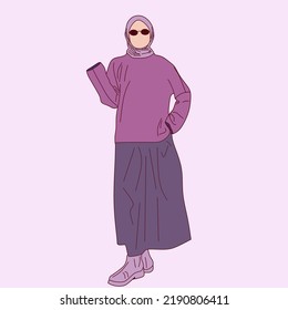 Illustration of dress for muslimah (Muslim woman) with combination of violet tone colour