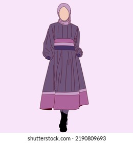 Illustration of dress for muslimah (Muslim woman) with combination of violet tone colour