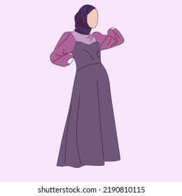 Illustration of dress for muslimah (Muslim woman) with combination of violet tone colour