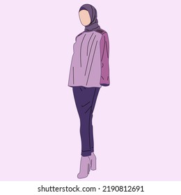 Illustration of dress for muslimah (Muslim woman) with combination of violet tone colour
