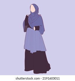 Illustration of dress for muslimah (Muslim woman) with combination of purple tone colour
