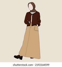 Illustration of dress for muslimah (Muslim woman) with combination of Brown tone colour