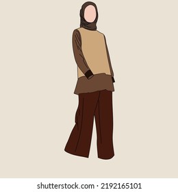 Illustration of dress for muslimah (Muslim woman) with combination of Brown tone colour