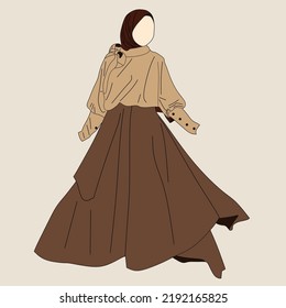 Illustration of dress for muslimah (Muslim woman) with combination of Brown tone colour