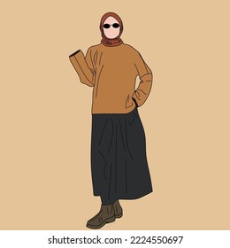 Illustration of dress for muslimah (Muslim woman) with combination of Autumn tone colour