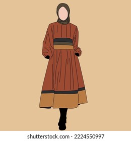 Illustration of dress for muslimah (Muslim woman) with combination of Autumn tone colour