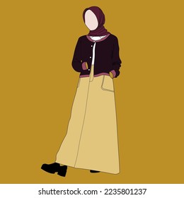 Illustration of dress for muslimah (Muslim woman) with combination of Elegant Wine Tone colour