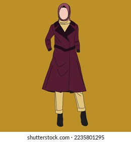 Illustration of dress for muslimah (Muslim woman) with combination of Elegant Wine Tone colour