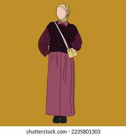 Illustration of dress for muslimah (Muslim woman) with combination of Elegant Wine Tone colour