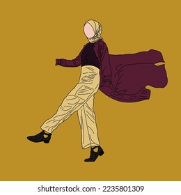 Illustration of dress for muslimah (Muslim woman) with combination of Elegant Wine Tone colour