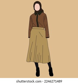 Illustration of dress for muslimah (Muslim woman) with combination of Warm Tone colour