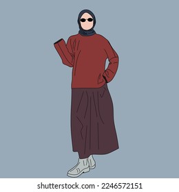 Illustration of dress for muslimah (Muslim woman) with combination of Warm Tone colour