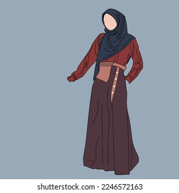 Illustration of dress for muslimah (Muslim woman) with combination of Warm Tone colour