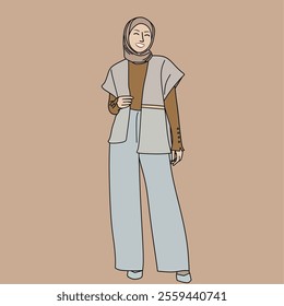 Illustration of dress for muslimah (Muslim woman) with combination of Warm tone colour