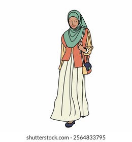 Illustration of dress for muslimah (Muslim woman) with combination of Pastel Warm tone colour.